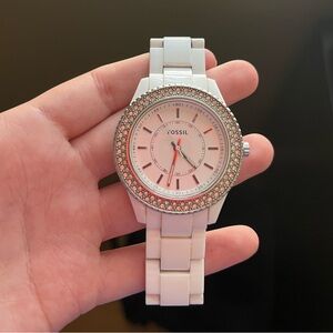White Fossil Watch with Faux Diamond on Face